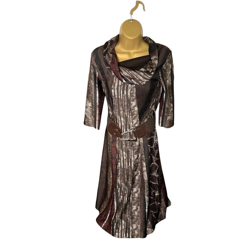 Robbie Bee Belted Cowl Neck Midi Dress Abstract Jacquard Brown S